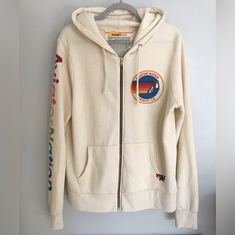 Aviator Nation Cream Hoodie with Multicolor Logo